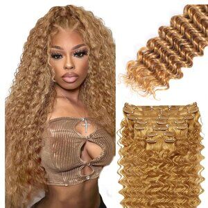 Blonde Deep Wave Clip in Hair Extensions - 20 Inch Real Remy Human Hair,120g 7pc